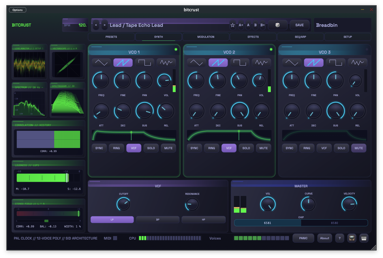 Bitcrust synthesizer — synth panel with three VCO sections, VCF, master controls, and seven real-time monitor displays