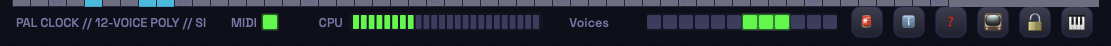 Footer bar — PAL CLOCK / 12-VOICE POLY / SID ARCHITECTURE status line, MIDI activity LED, CPU meter, 12-voice LED strip, PANIC, About, Help, monitor toggle, VEL fixed-velocity button, keyboard toggle