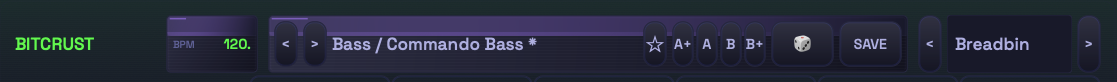 Bitcrust header strip — BITCRUST logo, BPM, preset selector with prev/next arrows, favourite star, A+ / A / B / B+ compare buttons, theme picker, SAVE, and current theme name