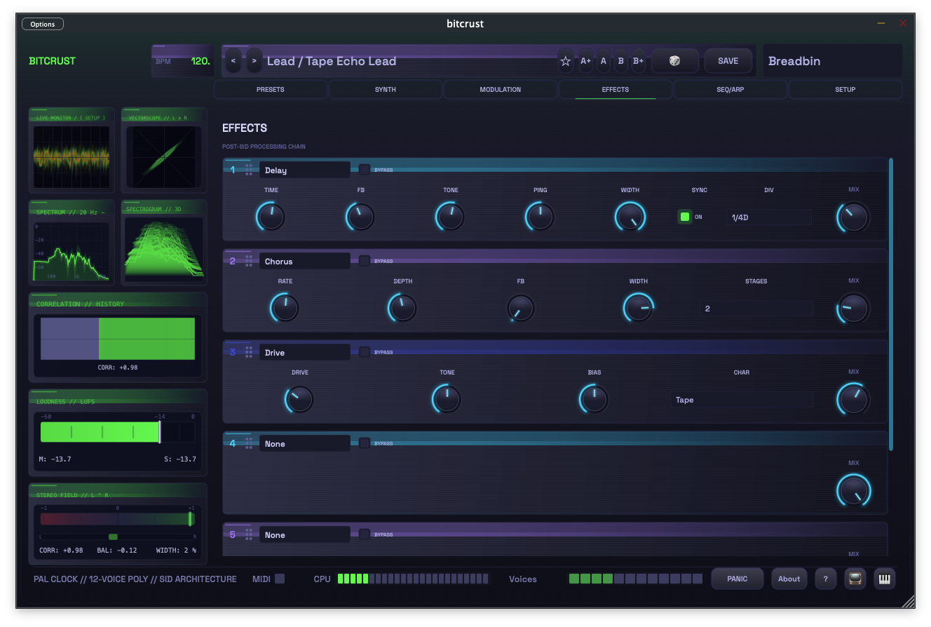 Effects rack — six reorderable slots with Drive, Delay, and Chorus active
