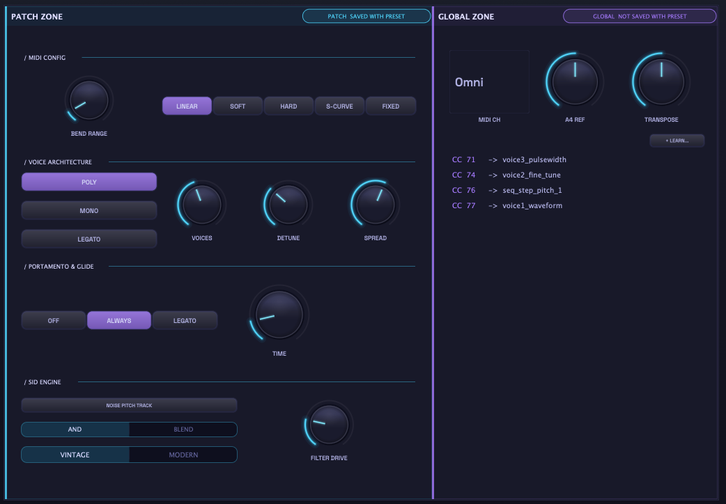 SETUP tab — Patch Zone on the left with MIDI Config, Voice Architecture, Portamento and Glide, and SID Engine sections; Global Zone on the right with MIDI channel, A4 reference, transpose, and CC learn mappings