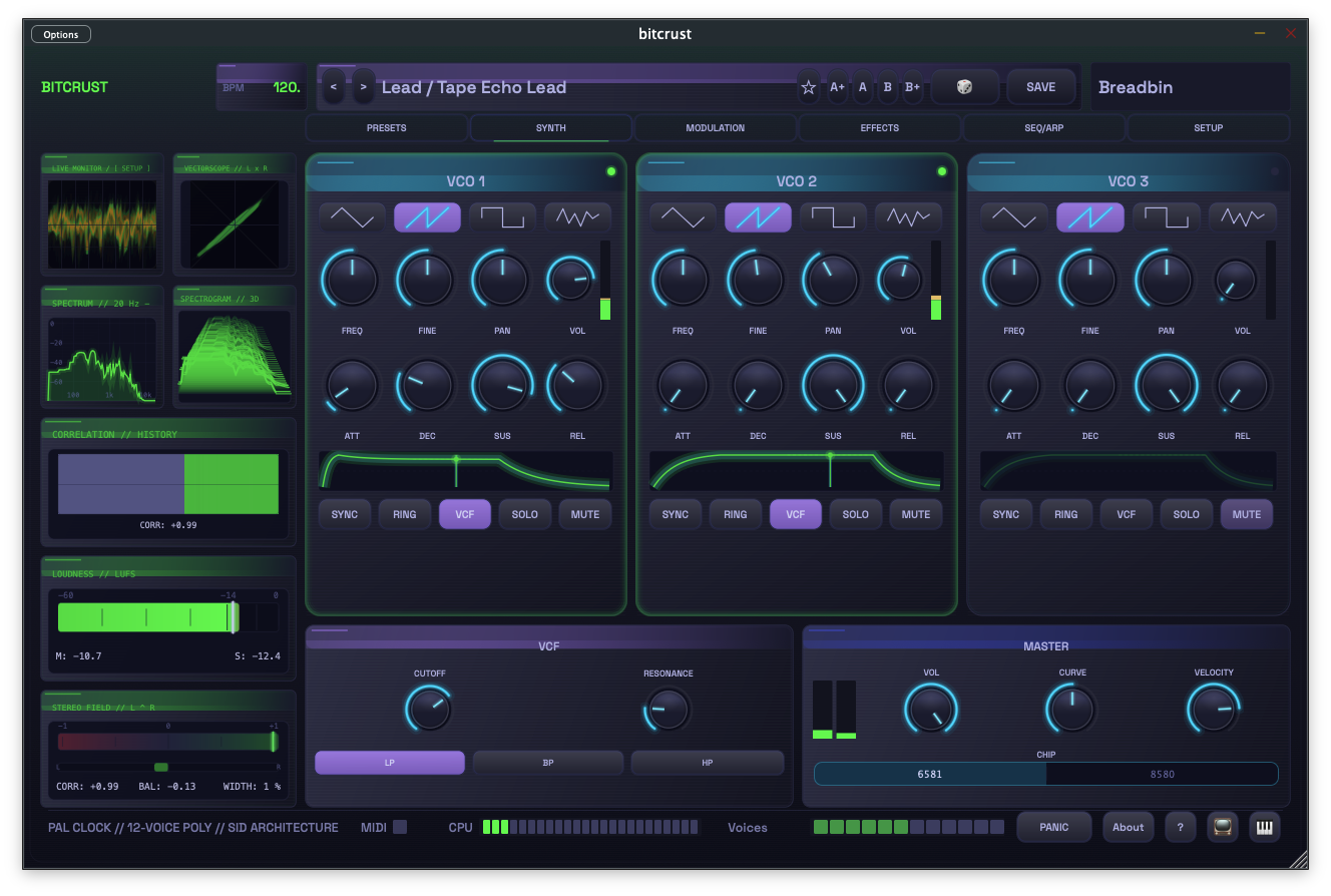 Synth panel — three VCO sections with waveform selectors, ADSR envelopes, filter, and master controls