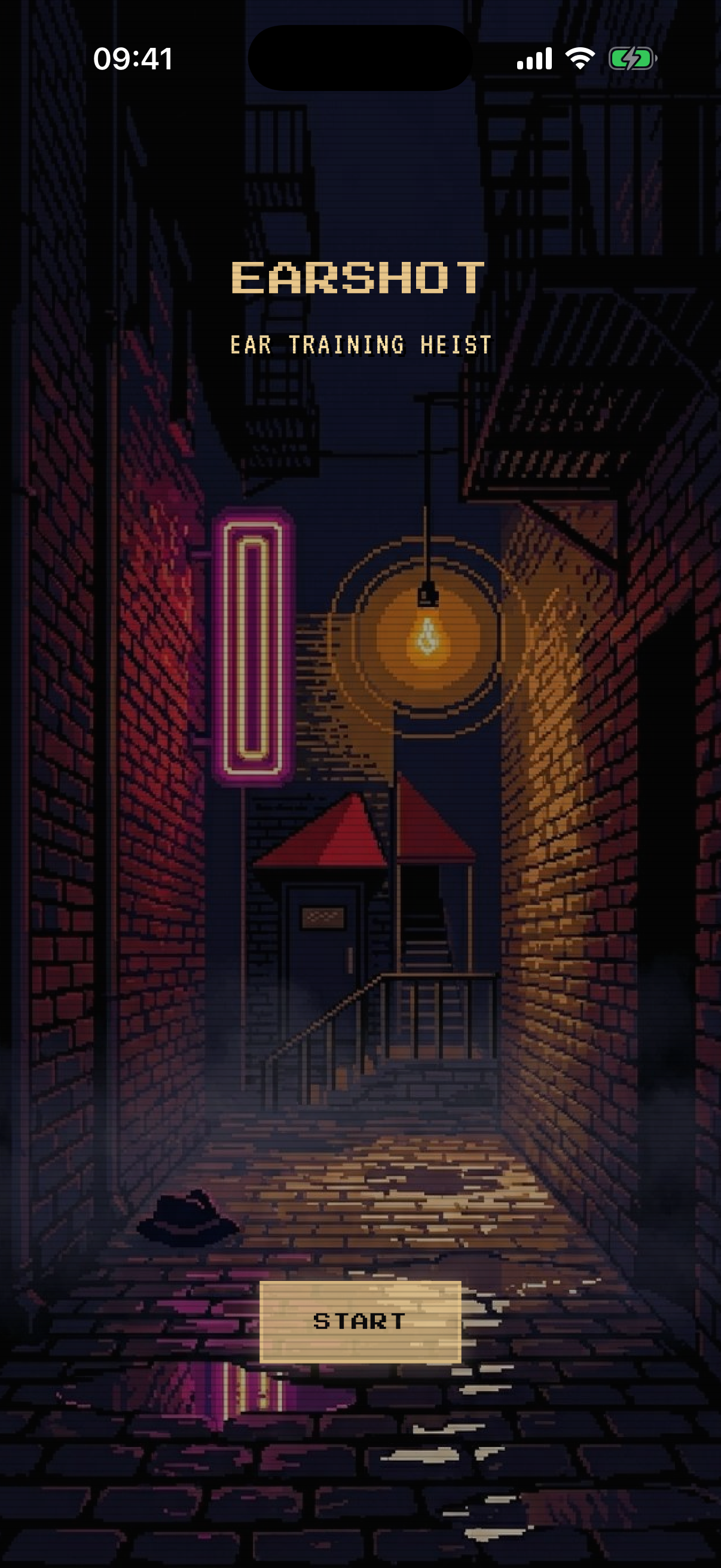 Earshot — pixel-art noir alley with the basement jazz-club door at the end, EARSHOT title in warm cream type