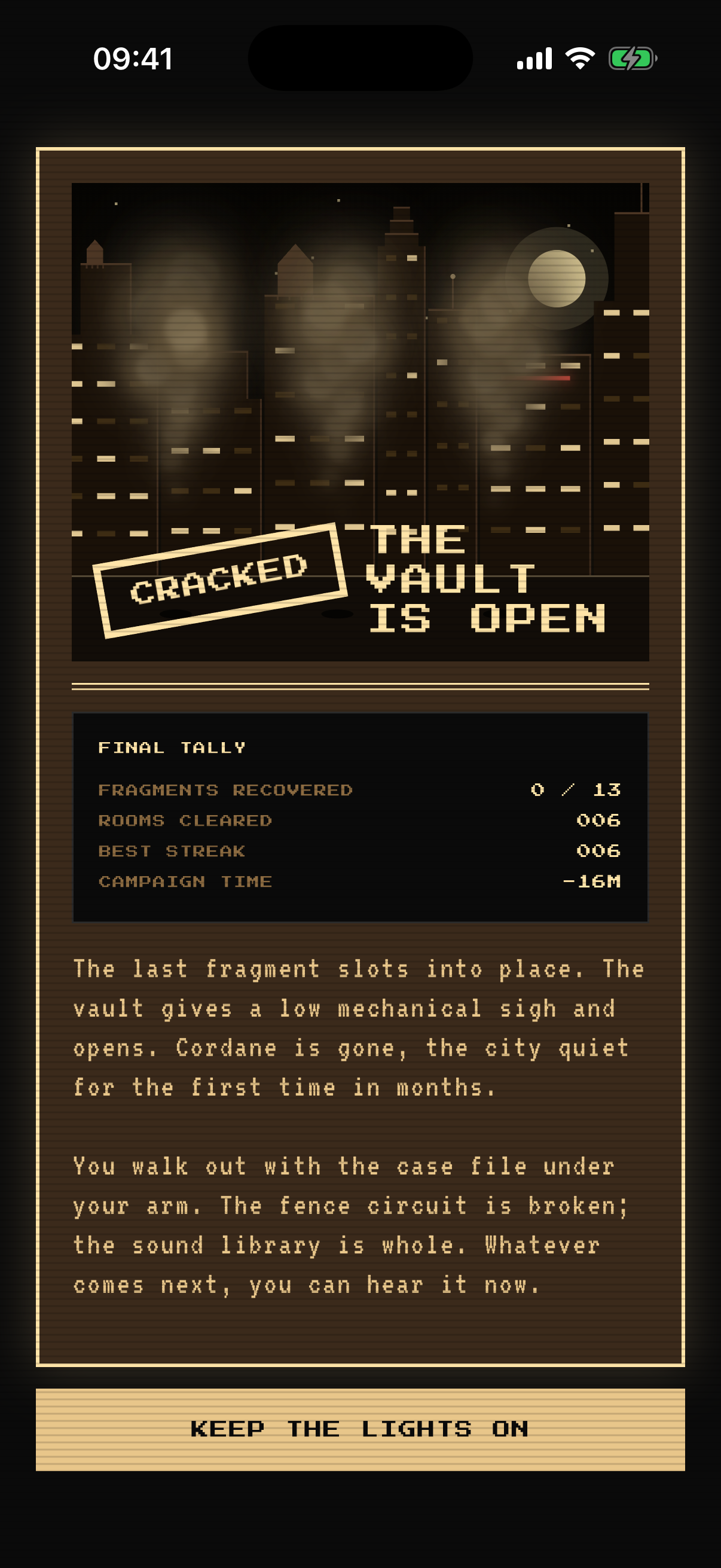 Finale screen with city skyline at night, smoke rising from manholes, CRACKED stamp over THE VAULT IS OPEN headline
