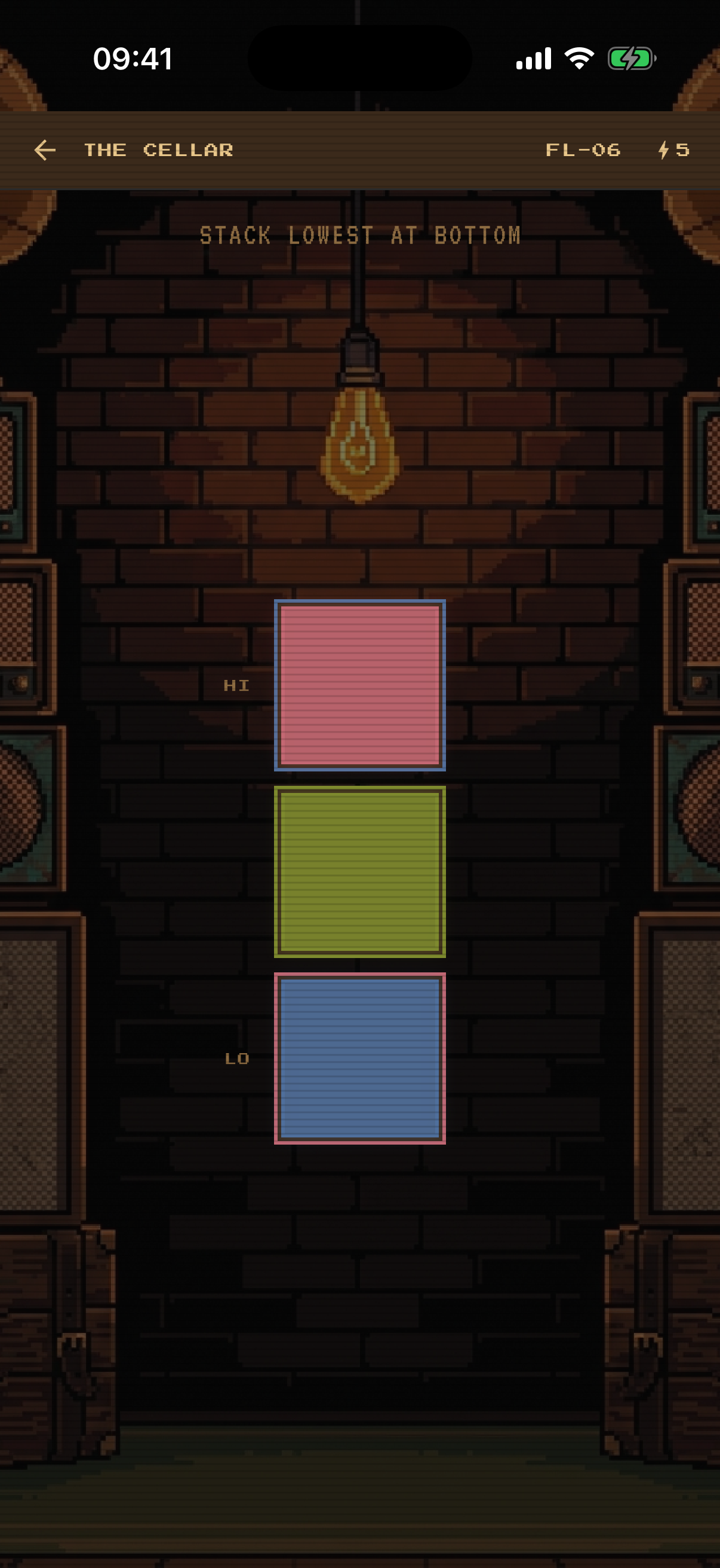 Frequency Stack puzzle screen with token bay and stack slots, drag-to-arrange interface
