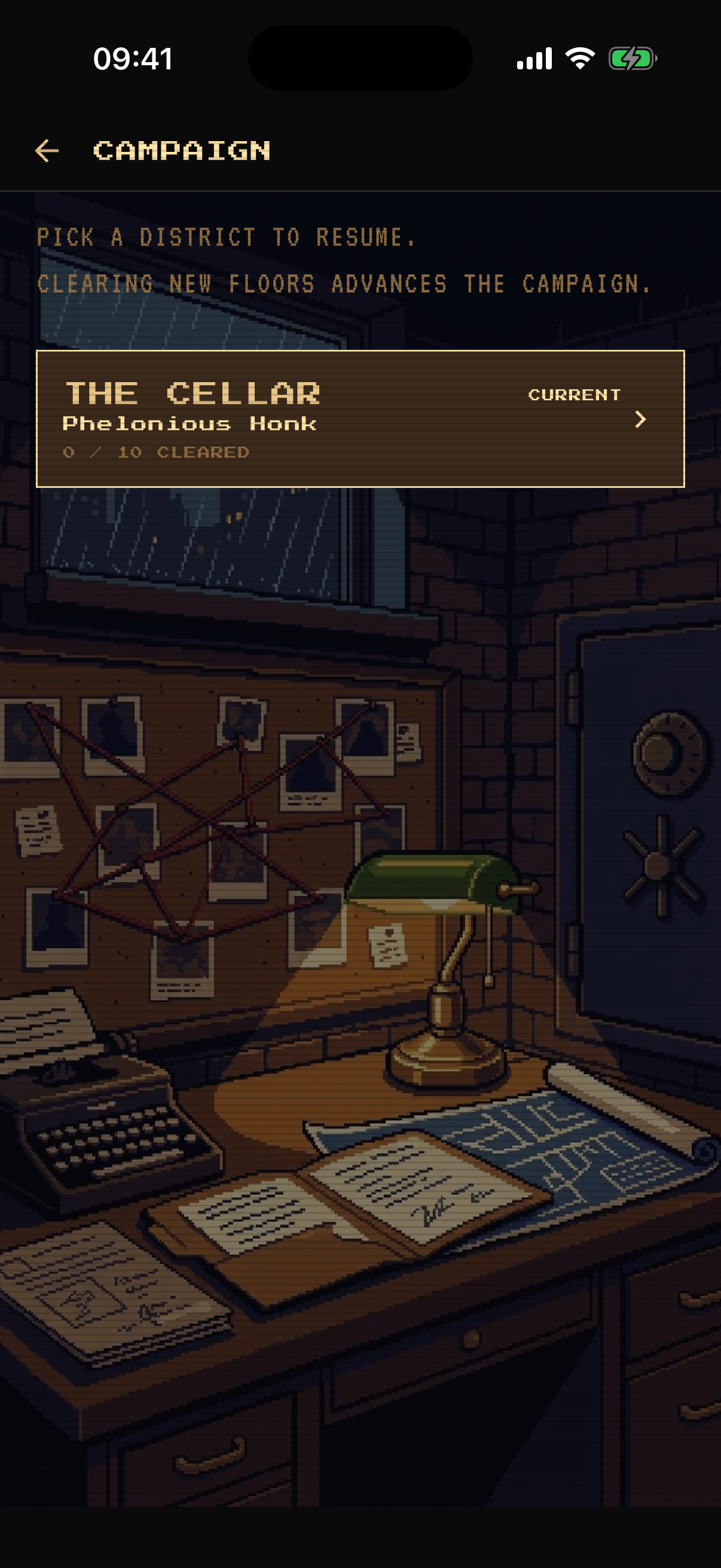 Mission Control screen showing the current district mugshot, suspect dossier, and floor progress
