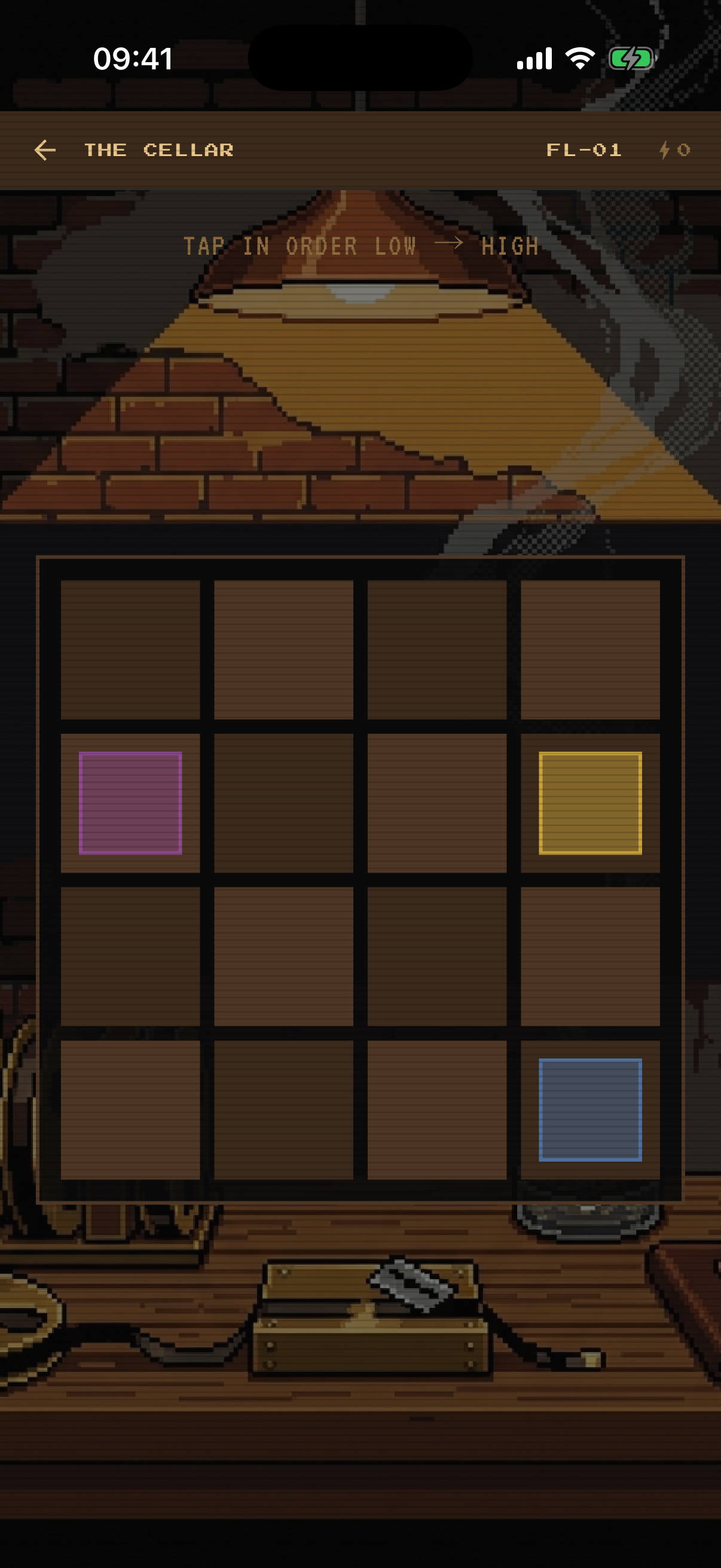Pitch Sort puzzle screen with identical tokens stacked above slots, listen and hint controls, and a CASE FILE header