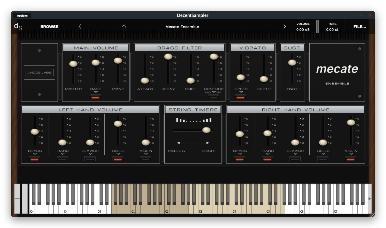 Mecate in Decent Sampler: a dark panel with per-hand voice faders, a brass filter section, vibrato, sustain and string timbre controls, above the on-screen keyboard